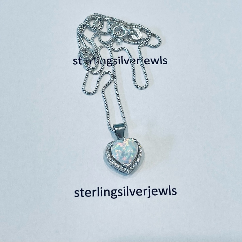 Silver Minimalist CZ and White Lab Opal Heart Necklace, October Birthstone Chain
